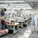 A photo-realistic scene of a modern Chinese garment factory floor, with fabric rolls and sampling area, emphasizing robust supply chain beginnings.