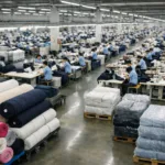A professional, well-lit Chinese factory floor demonstrates real-time apparel production for repeat orders and reorders, highlighting supply chain stability.