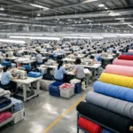 This image shows the efficient, industrial atmosphere typical of large Chinese garment factories, supporting high-volume production and broad material access.