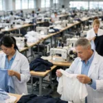 Highlights the beginning of supply chain stability as garments are sampled and inspected in a clean, well-lit apparel factory.
