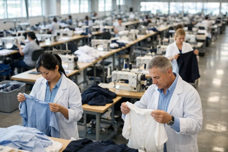 Apparel Sourcing Center 12 Highlights the beginning of supply chain stability as garments are sampled and inspected in a clean, well-lit apparel factory.
