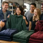 A campus club team tries on custom hoodies, showing various colors, logo placements, and fleece textures. The setting highlights team spirit and quality materials.