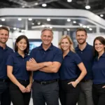 A business team wearing branded corporate apparel at a trade show booth, highlighting professionalism and unity for events.