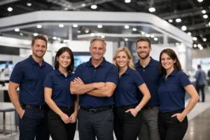 Home 42 A business team wearing branded corporate apparel at a trade show booth, highlighting professionalism and unity for events.