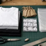 Custom neck labels, size tags, hang tags, and poly bags laid out for team apparel packaging in a garment manufacturing setting.