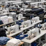 A high-clarity, professional view of a custom team clothing manufacturing facility showing in-house production capability for bulk orders.