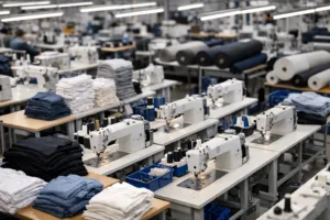 Home 41 A high-clarity, professional view of a custom team clothing manufacturing facility showing in-house production capability for bulk orders.