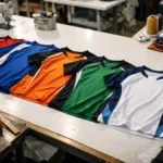 A professional selection of custom team clothing in various colors, showcasing the manufacturing environment and attention to detail needed for strong brand identity.
