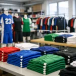 A clean, professional teamwear studio displaying both unique custom team uniforms and ready-made stock apparel in one shot. This visual encapsulates the contrasts between design freedom and ready-to-ship simplicity.