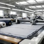A photo of a spacious, well-lit cutting room showcasing the first stage of cut and sew clothing manufacturing explained. Features layered fabric and high-precision cutting equipment vital for custom apparel production.