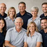 A unified group of adults and youth in branded custom team polo shirts, highlighting diverse applications for clubs, events, and corporate use.
