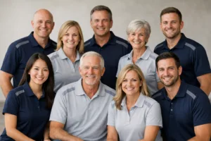 Home 42 A unified group of adults and youth in branded custom team polo shirts, highlighting diverse applications for clubs, events, and corporate use.