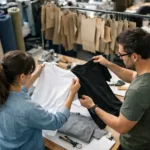 This image shows fabric, patterns, and sample evaluation for low MOQ clothing manufacturing explained to startups. The clean industrial workspace is illuminated naturally.
