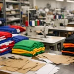 A modern sportswear manufacturing floor set up for small batch, custom team apparel, showing fabrics and patterns ready for low MOQ production.