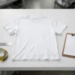 A T-shirt on a factory measuring table, tools ready, demonstrating the essentials of how to measure garments for production.