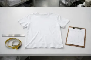 Home 41 A T-shirt on a factory measuring table, tools ready, demonstrating the essentials of how to measure garments for production.
