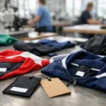 A detailed look at private label team clothing for brands, focusing on hang tags and neck labels in an active manufacturing setting.