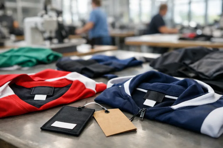 How to Find a Clothing Manufacturer 11 A detailed look at private label team clothing for brands, focusing on hang tags and neck labels in an active manufacturing setting.