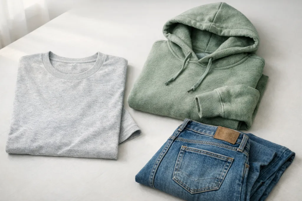 3 recycled fabric garments display