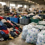 A clean, organized factory space where old garments and bottles are neatly sorted and prepared for transformation into recycled fabrics for clothing manufacturing.