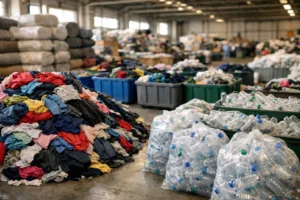 Home 41 A clean, organized factory space where old garments and bottles are neatly sorted and prepared for transformation into recycled fabrics for clothing manufacturing.
