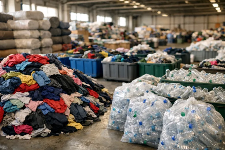 Compliance & Sustainability 10 A clean, organized factory space where old garments and bottles are neatly sorted and prepared for transformation into recycled fabrics for clothing manufacturing.