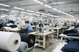 Home 44 This high-clarity image showcases the organized and professional workspace typical of a reliable clothing manufacturer in China, emphasizing cleanliness, modern equipment, and a methodical layout.