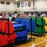 A professional photo of a school gym filled with custom team apparel sorted by size, showing the bulk ordering process for schools.