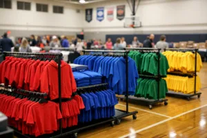 Home 42 A professional photo of a school gym filled with custom team apparel sorted by size, showing the bulk ordering process for schools.