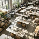 An organized OEM garment factory with eco-friendly fabrics, natural lighting, and efficient machinery for sustainable clothing manufacturing.