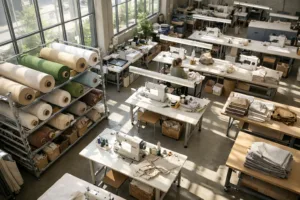 Home 41 An organized OEM garment factory with eco-friendly fabrics, natural lighting, and efficient machinery for sustainable clothing manufacturing.