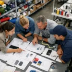 Captures the collaboration and meticulous review involved in confirming specifications and selecting materials during custom team clothing production.