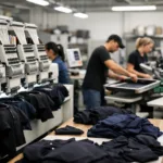 A modern teamwear factory with staff operating embroidery and printing machines to apply logos to various team clothing items. The workspace is clean and organized, showing multiple logo methods being used.