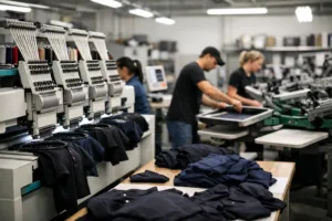 Home 42 A modern teamwear factory with staff operating embroidery and printing machines to apply logos to various team clothing items. The workspace is clean and organized, showing multiple logo methods being used.