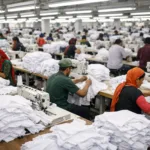 Efficient mass production in a Bangladesh factory, focused on high volume T-shirt manufacturing for global fashion brands.