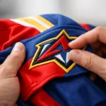 A detailed scene showing hand inspection of a team jersey's stitching, fabric texture, and logo embroidery, demonstrating practical QC techniques.