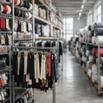 A professional apparel trim and fabric warehouse in China showing labels, zippers, and fabrics ready for manufacturing, representing China’s integrated apparel ecosystem.