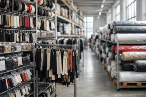 Home 41 A professional apparel trim and fabric warehouse in China showing labels, zippers, and fabrics ready for manufacturing, representing China’s integrated apparel ecosystem.