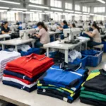 A photo-realistic image of a state-of-the-art Chinese garment factory specializing in sportswear and team apparel production, showcasing bright, organized facilities and advanced machinery.