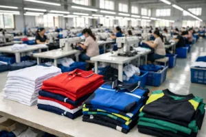 Home 41 A photo-realistic image of a state-of-the-art Chinese garment factory specializing in sportswear and team apparel production, showcasing bright, organized facilities and advanced machinery.