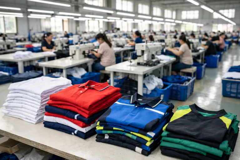 Apparel Sourcing Center 9 A photo-realistic image of a state-of-the-art Chinese garment factory specializing in sportswear and team apparel production, showcasing bright, organized facilities and advanced machinery.