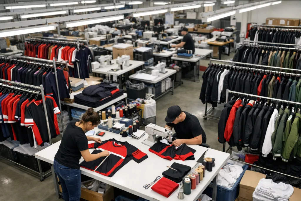 Unlocking Club Unity: How Custom Apparel Manufacturing Supercharges Membership Brands 1 club apparel manufacturer factory scene