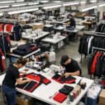 Shows a professional manufacturing environment producing distinctive club apparel for membership brands.