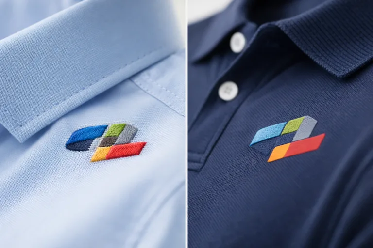 Low MOQ Clothing Manufacturer 16 Detailed view of how logos are applied to both collared and polo shirts, critical for evaluating uniform branding and long-term durability.
