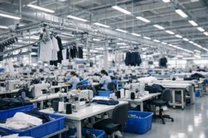 Home 41 A comparison of apparel manufacturing environments in China and India, highlighting modern processes and efficient layouts.