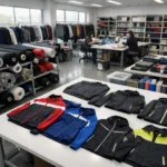Image of a clean, modern Chinese sample room for complex garment manufacturing, showing technical fabrics, trims, and prototype apparel in process.