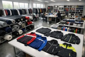 Home 43 Image of a clean, modern Chinese sample room for complex garment manufacturing, showing technical fabrics, trims, and prototype apparel in process.