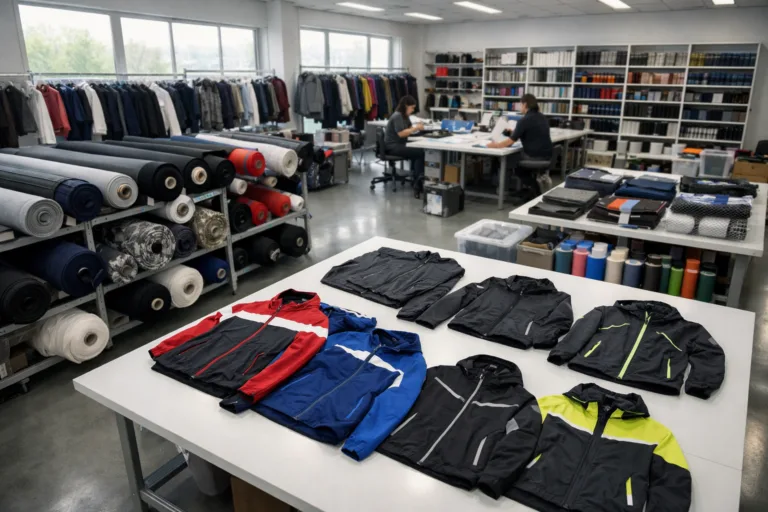 Apparel Sourcing Center 12 Image of a clean, modern Chinese sample room for complex garment manufacturing, showing technical fabrics, trims, and prototype apparel in process.