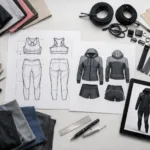 A workspace showing gym apparel sketches, athletic fabric swatches, and a digital tech pack—highlighting how designs are prepared for custom gym clothing manufacturing.