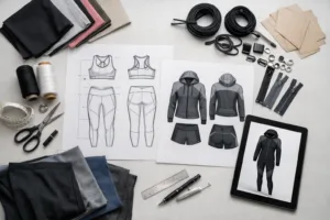 Home 41 A workspace showing gym apparel sketches, athletic fabric swatches, and a digital tech pack—highlighting how designs are prepared for custom gym clothing manufacturing.